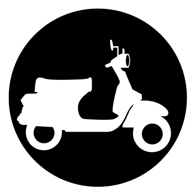 White silhouette of a scooter on a black circle gobo.