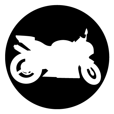 White silhouette of a motorbike on a black circle gobo.