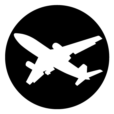 White silhouette of a plane taking off on a black circle gobo.