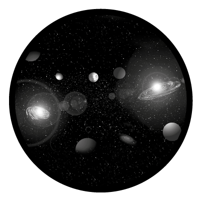 Greyscale image of space including planets and galaxies on a black circle gobo.