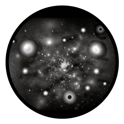 Greyscale image of planets and stars in a galaxy on a black circle gobo.