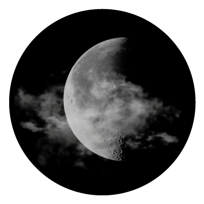 Greyscale image of half the moon with a light cloud coverage on a black circle gobo.