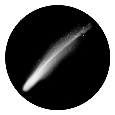Greyscale image of a shooting comet on a black circle gobo.