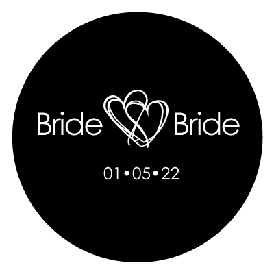 White "bride bride" text with 2 intertwined in between the two words.
Underneath this text is "01.05.22" in white. All on a black circle.
