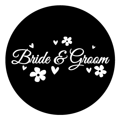 White "bride & groom" text with 2 white hearts and flowers surrounding it. All on a black circle.