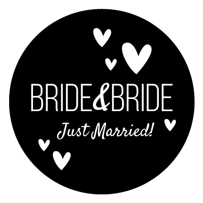 white "Just Married!" text underneath and white hearts around the design. All on a black circle.
