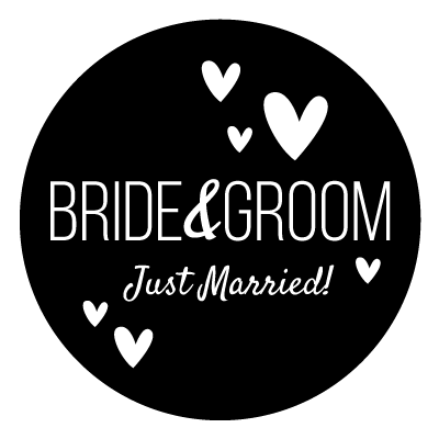 White "Bride & Groom" text, white "Just Married!" text underneath and white hearts around the design. All on a black circle.