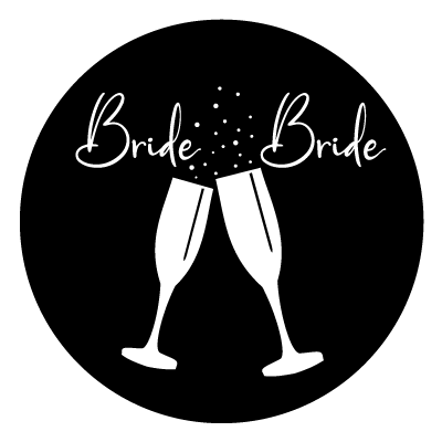 "Bride Bride". Below this is an illustration of two champagne flutes clinking together, with bubbles coming up and between the text.