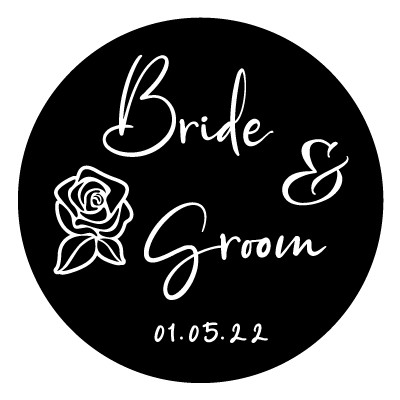 Stacked "Bride & Groom" text with a rose illustration to the left and "01.05.22". All white on a black circle.