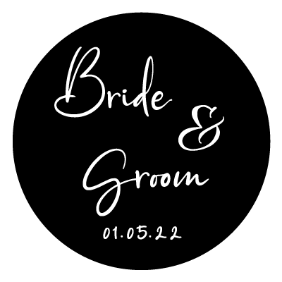 White "Bride & Groom" text with the text "01.05.22" below in white. All on a black circle.