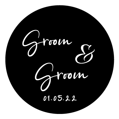 White "Groom & Groom" text with the text "01.05.22" below in white. All on a black circle.