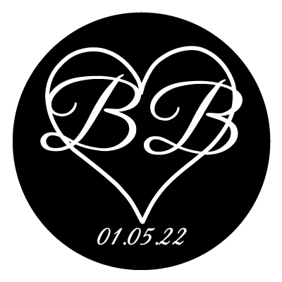 White heart outline with large "BB" in white inside the heart. Text below the heart is "01.05.22". All on a black circle.
