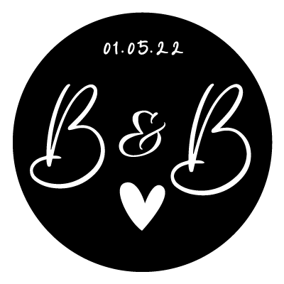 Small white "01.05.22" text at the top with a large "B&B" in the centre with a white heart below. All on a black circle.