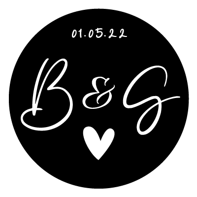 Small white "01.05.22" text at the top with a large "B&G" in the centre with a white heart below. All on a black circle.