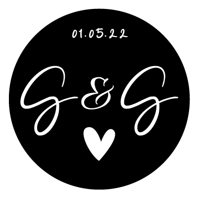 Small white "01.05.22" text at the top with a large "G&G" in the centre with a white heart below. All on a black circle.