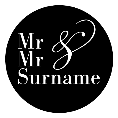 White "Mr & Mr Surname" text on a black circle.