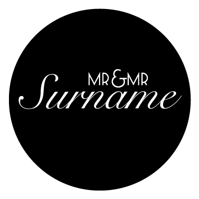 "Mr & Mr" text with "Surname" written underneath. All in white on a black circle.