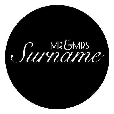"Mr & Mrs" text with "Surname" written underneath. All in white on a black circle.