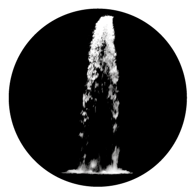 Greyscale image of a narrow waterfall on a black circle gobo.