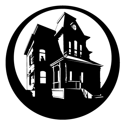 Silhouette of Norman Bates' house in front of a full moon on a black circle gobo.