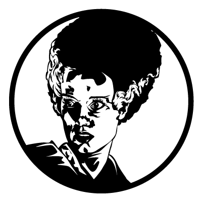 Silhouette of the bride of Frankenstein in front of a full moon on a black circle gobo.