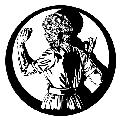 White silhouette of a screaming woman in front of a spotlight on a black circle gobo.