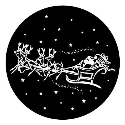White outline of Santa in his sleigh with reindeer and stars on a black circle gobo.