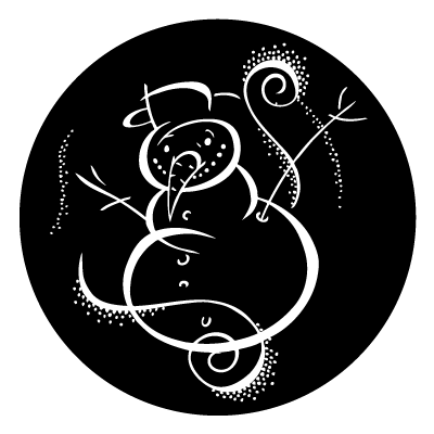 White snowman outline with white swirls on a black circle gobo.