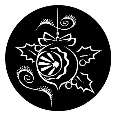 White outline of a bauble with outlines of holly leaves, berries and white swirls on a black circle gobo.