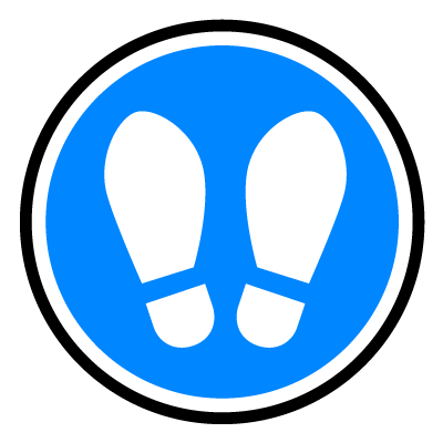 Blue 'distancing wait' footprint social distancing signage gobo.