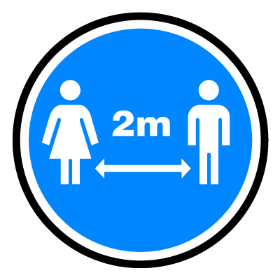 Blue circular '2m social distancing' social distancing signage gobo.
