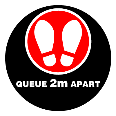 Red 'queue 2m apart' social distancing signage gobo.