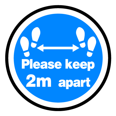 Blue circular 'please keep 2m apart' social distancing signage gobo.