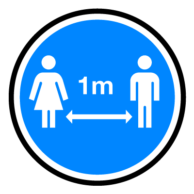 Blue circular '1m social distancing' social distancing signage gobo.
