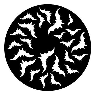 A colony of flying bat silhouettes on a black circle gobo.