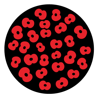 Red silhouettes of poppies in different sizes and orientations on a black circle gobo.