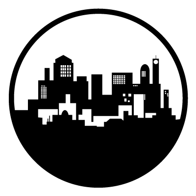 White circle with black silhouette of a city skyline. All on a black circle.