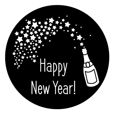 White silhouette of a champagne bottle with stars and 'Happy New Year' text on a black circle gobo.