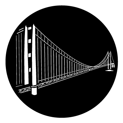 White illustration of the Golden Gate Bridge on a black circle.