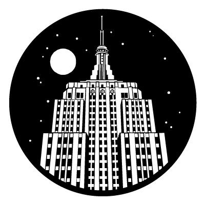 Illustration of the top of the Empire State Building, with the moon and stars around it. All on a black circle. 