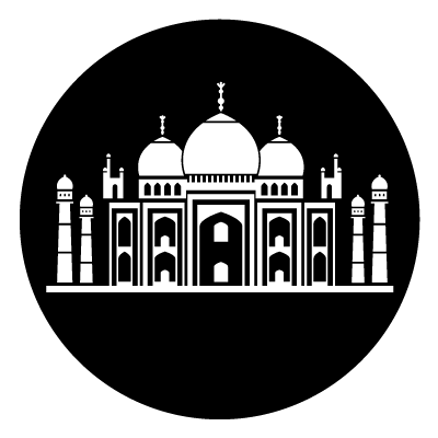 White illustration of the Taj Mahal, on a black circle. 
