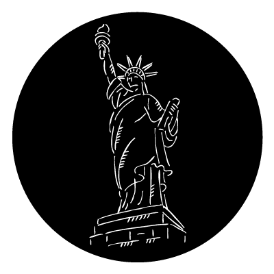 White outline illustration of the Statue of Liberty on a black circle.