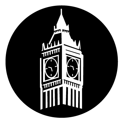 White silhouette of Big Ben on a black circle gobo.