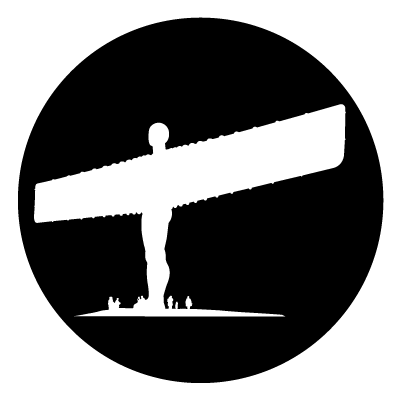 White silhouette of the Angel of the North with people standing under it.
