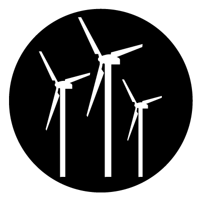 Silhouette of 3 white wind turbines on a black circle.