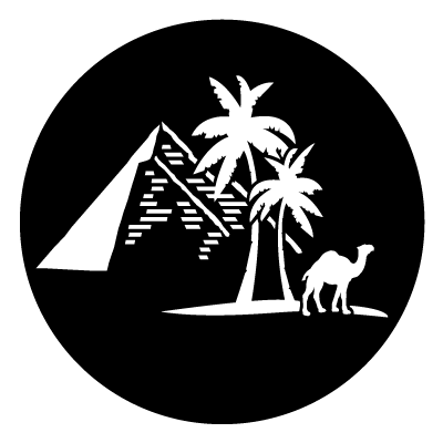 Illustration of a pyramid with the silhouette of two palm trees and a camel in front.