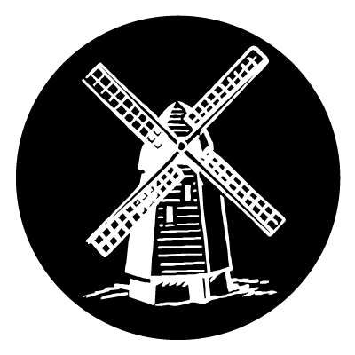 White illustration of a wooden windmill on a black circle.