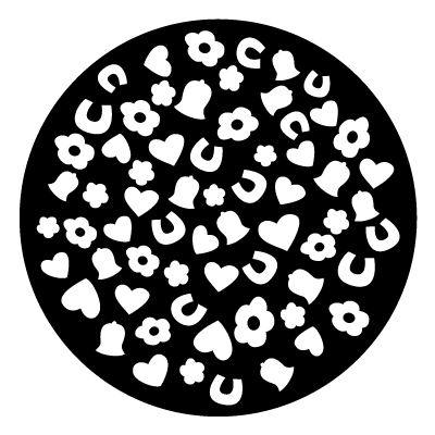 White confetti pattern made up of flowers, hearts, bells and horseshoes on a black circle gobo.