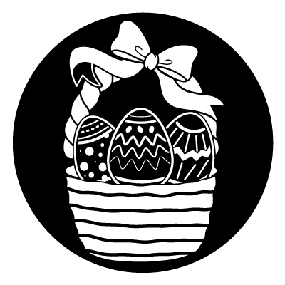 White silhouette of an easter basket with 3 patterned eggs inside on a black circle gobo.
