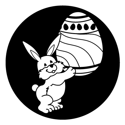White easter bunny holding a patterned easter egg on a black circle gobo.